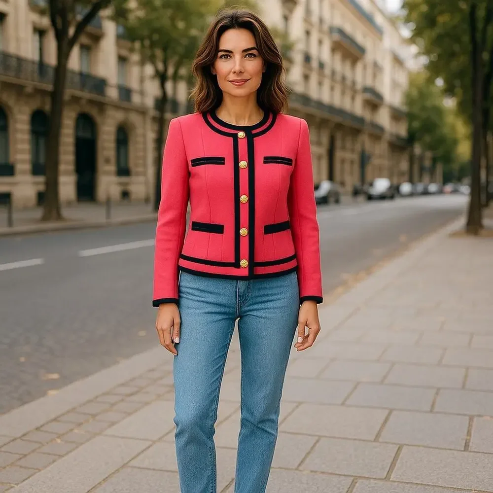 J.Crew Blazer Womens Sz 6 Berry Coral Double Serge Wool Cropped Jacket Gold MINT